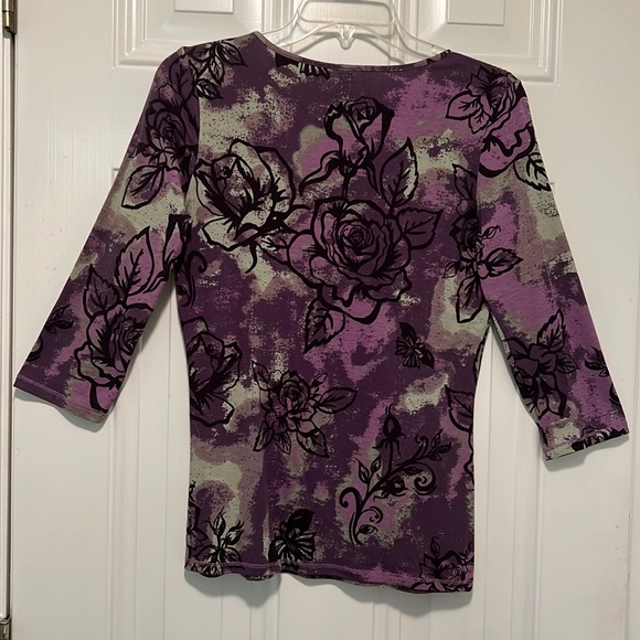 Purple With Black and Green Design Top, V-neck, 3/4 Sleeve - Picture 2 of 5